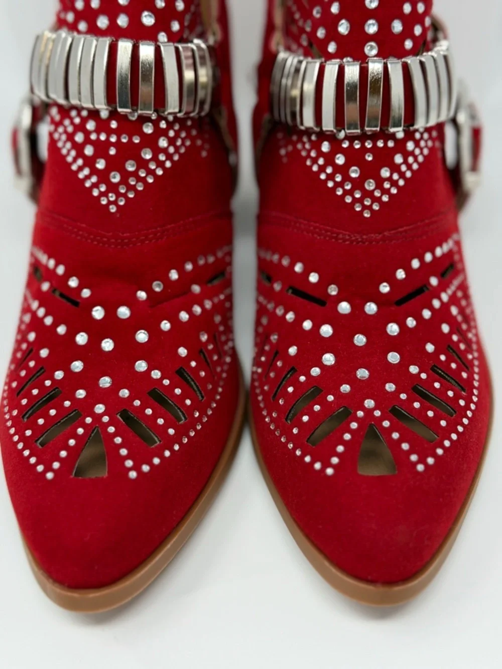 Red Rhinestone Western Ankle Boots Studded Cutout Buckle Booties Size 8 EU 39 - Picture 11 of 16
